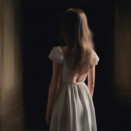 An elegant young girl with her back facing the viewer, standing in a dark room