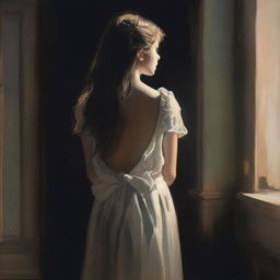 An elegant young girl with her back facing the viewer, standing in a dark room