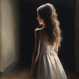 An elegant young girl with her back facing the viewer, standing in a dark room