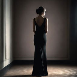 An elegant young girl wearing a black fitted dress, facing her back towards the viewer in a darker room