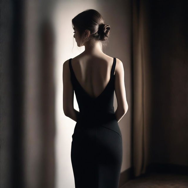 An elegant young girl wearing a black fitted dress, facing her back towards the viewer in a darker room