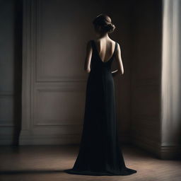 An elegant young girl wearing a black fitted dress, facing her back towards the viewer in a darker room