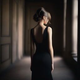 An elegant young girl wearing a black fitted dress, facing her back towards the viewer in a darker room