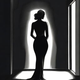 An elegant girl wearing a black fitted dress, standing with her back facing the viewer in a darker room