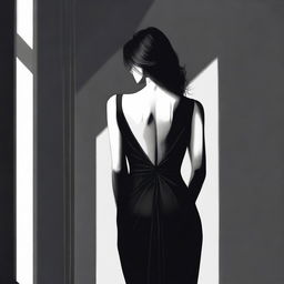 An elegant girl wearing a black fitted dress, standing with her back facing the viewer in a darker room