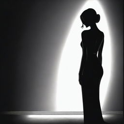 An elegant girl wearing a black fitted dress, standing with her back facing the viewer in a darker room