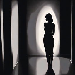 An elegant girl wearing a black fitted dress, standing with her back facing the viewer in a darker room