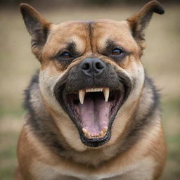 A large menacing dog with furrowed brows, showing its teeth in a fierce snarl.