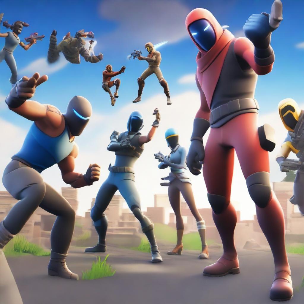 Create a Fortnite-themed thumbnail featuring a Red team and a Blue team facing off in an epic battle