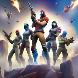 Create a Fortnite-themed thumbnail featuring a Red team and a Blue team facing off in an epic battle