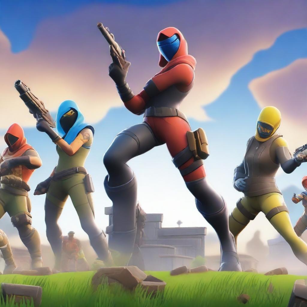 Create a Fortnite-themed thumbnail featuring a Red team and a Blue team facing off in an epic battle