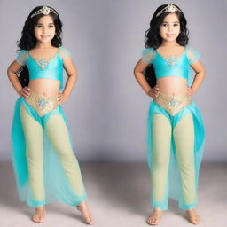 A beautiful girl dressed as Princess Jasmine, wearing a costume with transparent harem pants and a netting overlay