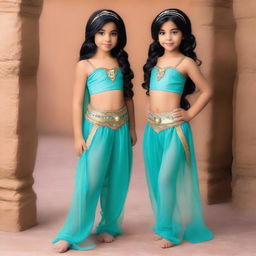 A beautiful girl dressed as Princess Jasmine, wearing a costume with transparent harem pants and a netting overlay