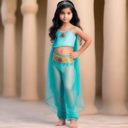 A beautiful girl dressed as Princess Jasmine, wearing a costume with transparent harem pants and a netting overlay