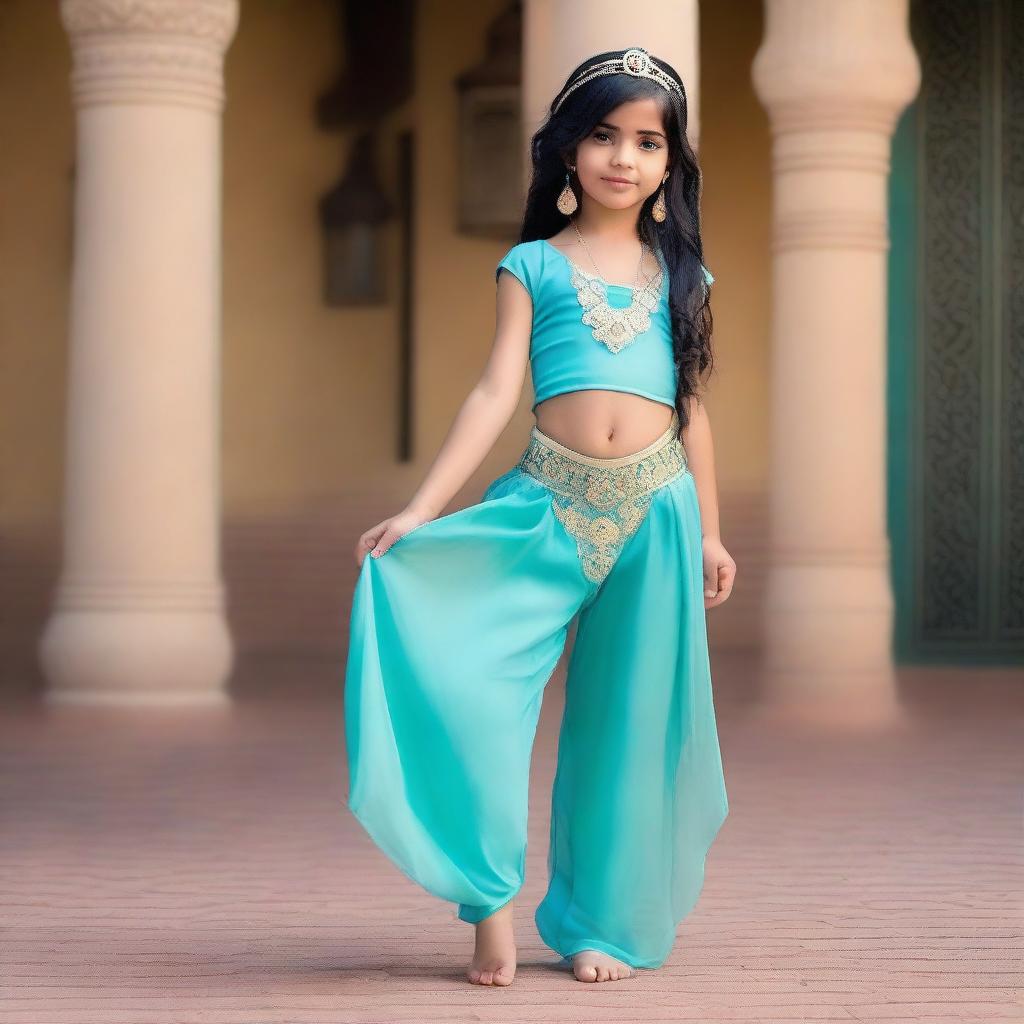 A beautiful girl dressed as Princess Jasmine, wearing a costume with transparent harem pants and a netting overlay