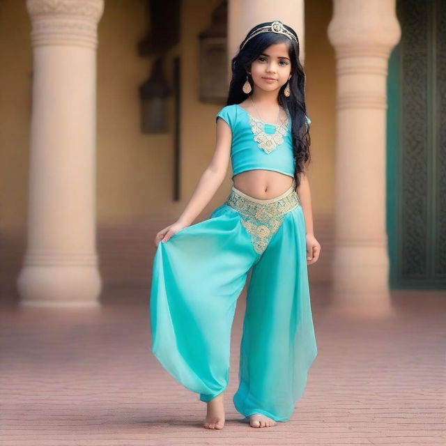 A beautiful girl dressed as Princess Jasmine, wearing a costume with transparent harem pants and a netting overlay