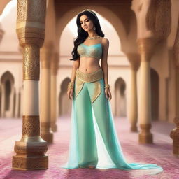 A beautiful woman dressed in a Jasmine costume from Aladdin, featuring transparent harem pants and a netting overlay