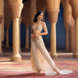 A beautiful woman dressed in a Jasmine costume from Aladdin, featuring transparent harem pants and a netting overlay