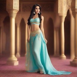 A beautiful woman dressed in a Jasmine costume from Aladdin, featuring transparent harem pants and a netting overlay