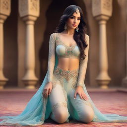 A beautiful woman dressed in a Jasmine costume from Aladdin, featuring transparent harem pants and a netting overlay