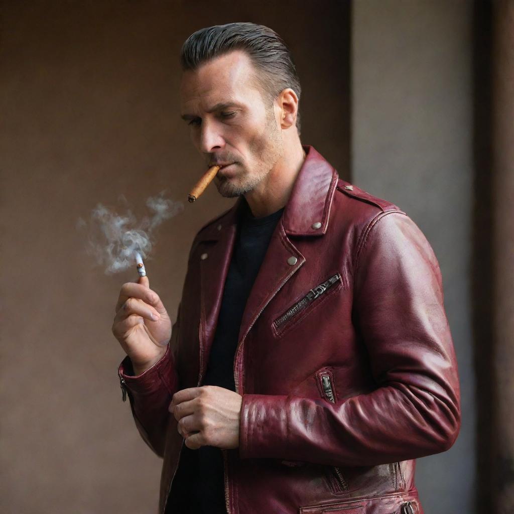 A man with a confident pose, wearing a vibrant maroon biker leather jacket, smoking a thick, well-burned cigar, bathed in gentle lighting.