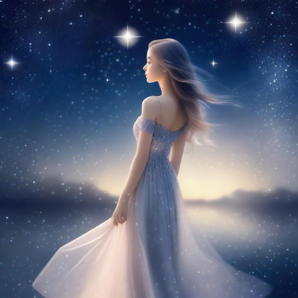 A beautiful girl wearing an elegant night dress, standing gracefully under a starlit sky