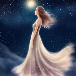 A beautiful girl wearing an elegant night dress, standing gracefully under a starlit sky