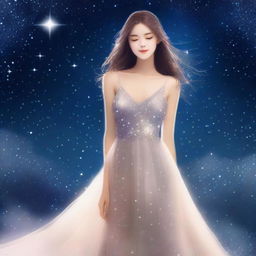 A beautiful girl wearing an elegant night dress, standing gracefully under a starlit sky