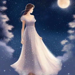 A beautiful girl wearing an elegant night dress, standing gracefully under a starlit sky