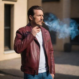 A man with a confident pose, wearing a vibrant maroon biker leather jacket, smoking a thick, well-burned cigar, bathed in gentle lighting.