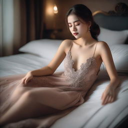 A beautiful girl wearing an elegant night dress, lying gracefully on a bed