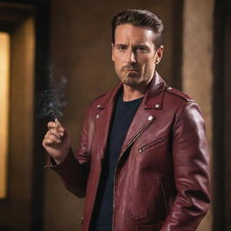 A man with a confident pose, wearing a vibrant maroon biker leather jacket, smoking a thick, well-burned cigar, bathed in gentle lighting.