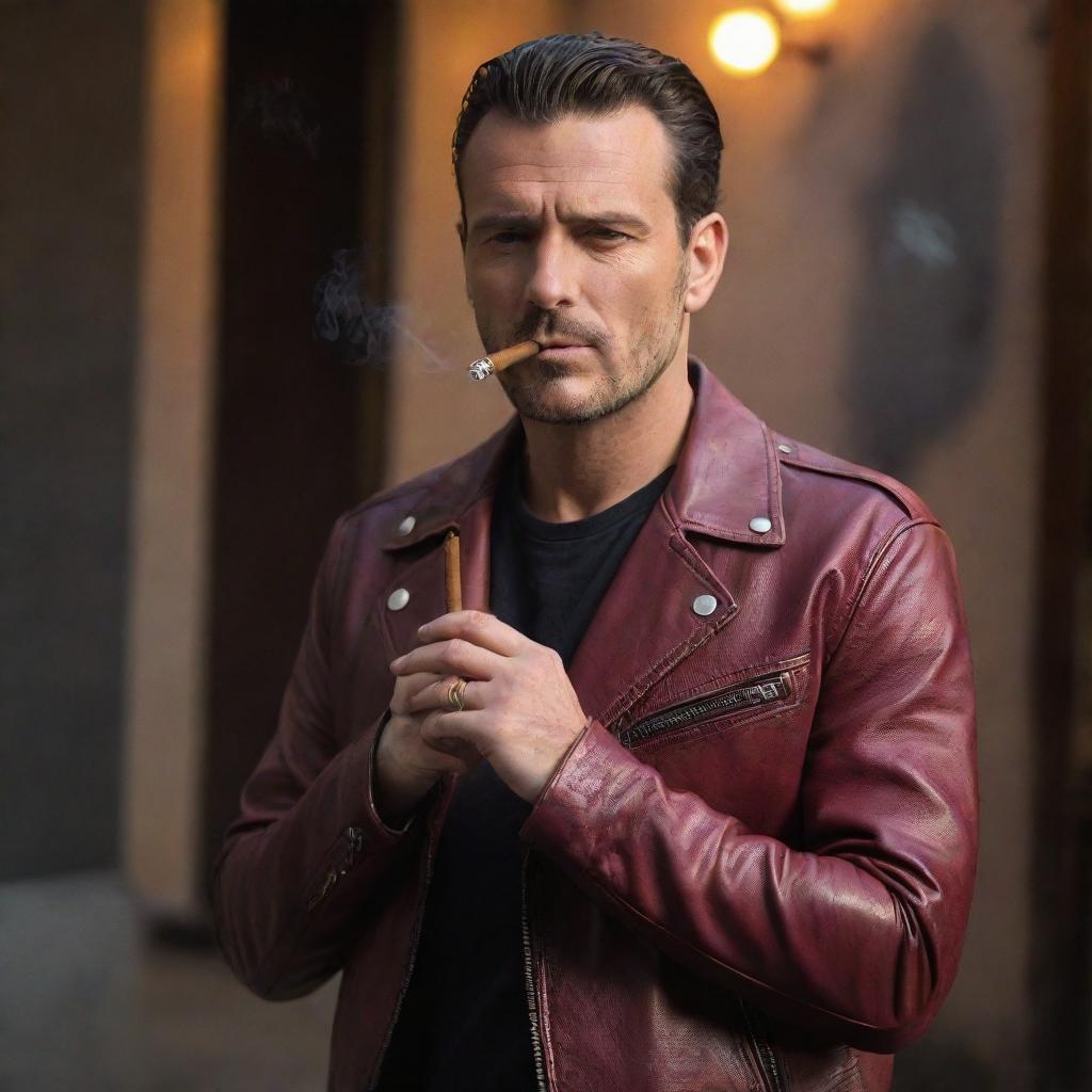 A man with a confident pose, wearing a vibrant maroon biker leather jacket, smoking a thick, well-burned cigar, bathed in gentle lighting.