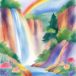 A vibrant watercolor illustration of a rainbow arching over a majestic waterfall, perfect for a children's book