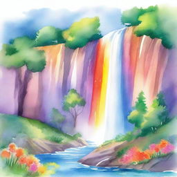 A vibrant watercolor illustration of a rainbow arching over a majestic waterfall, perfect for a children's book