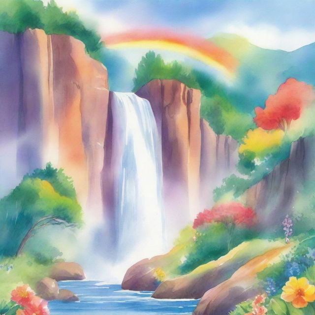 A vibrant watercolor illustration of a rainbow arching over a majestic waterfall, perfect for a children's book