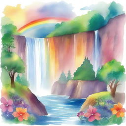 A vibrant watercolor illustration of a rainbow arching over a majestic waterfall, perfect for a children's book