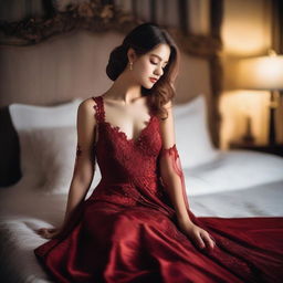 A beautiful girl wearing an elegant red night dress, lying gracefully on a bed