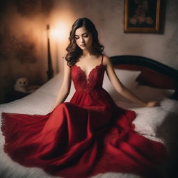 A beautiful girl wearing an elegant red night dress, lying gracefully on a bed