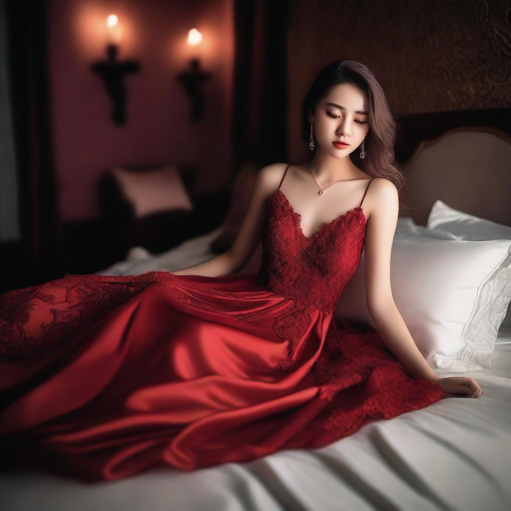 A beautiful girl wearing an elegant red night dress, lying gracefully on a bed