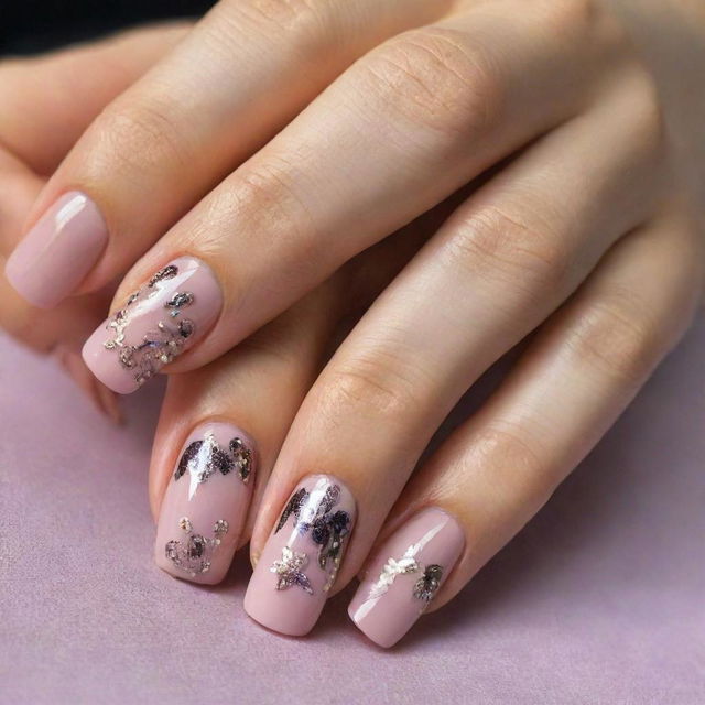 A close-up view of a woman's hand, showcasing long, beautifully manicured nails with an intricate nail art design.