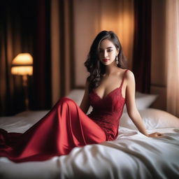 A beautiful and sexy girl wearing a red night dress, lying gracefully on a bed