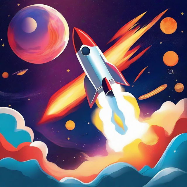 A digital art poster depicting a rocket launch to space