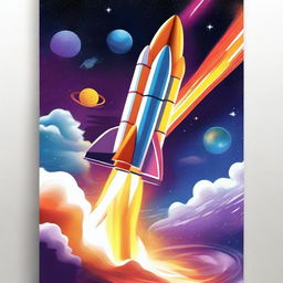 A digital art poster depicting a rocket launch to space