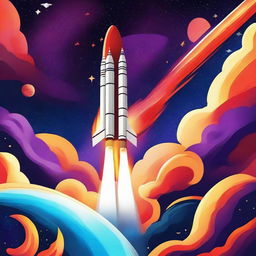 A digital art poster depicting a rocket launch to space