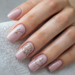 A close-up view of a woman's hand, showcasing long, beautifully manicured nails with an intricate nail art design.