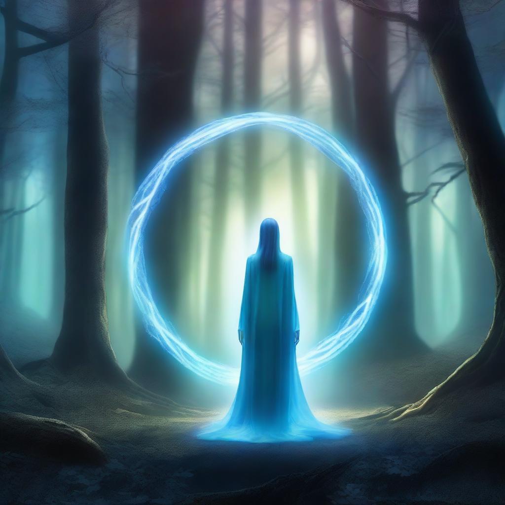 A mystical portal with a glowing blue aura, showing a female figure standing on the other side