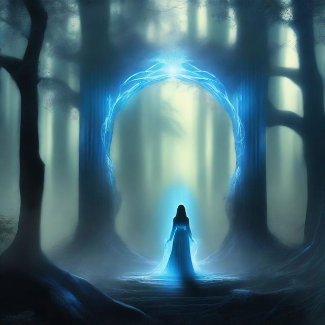 A mystical portal with a glowing blue aura, showing a female figure standing on the other side