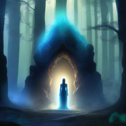 A mystical portal with a glowing blue aura, showing a female figure standing on the other side