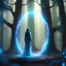 A mystical portal with a glowing blue aura, showing a female figure standing on the other side